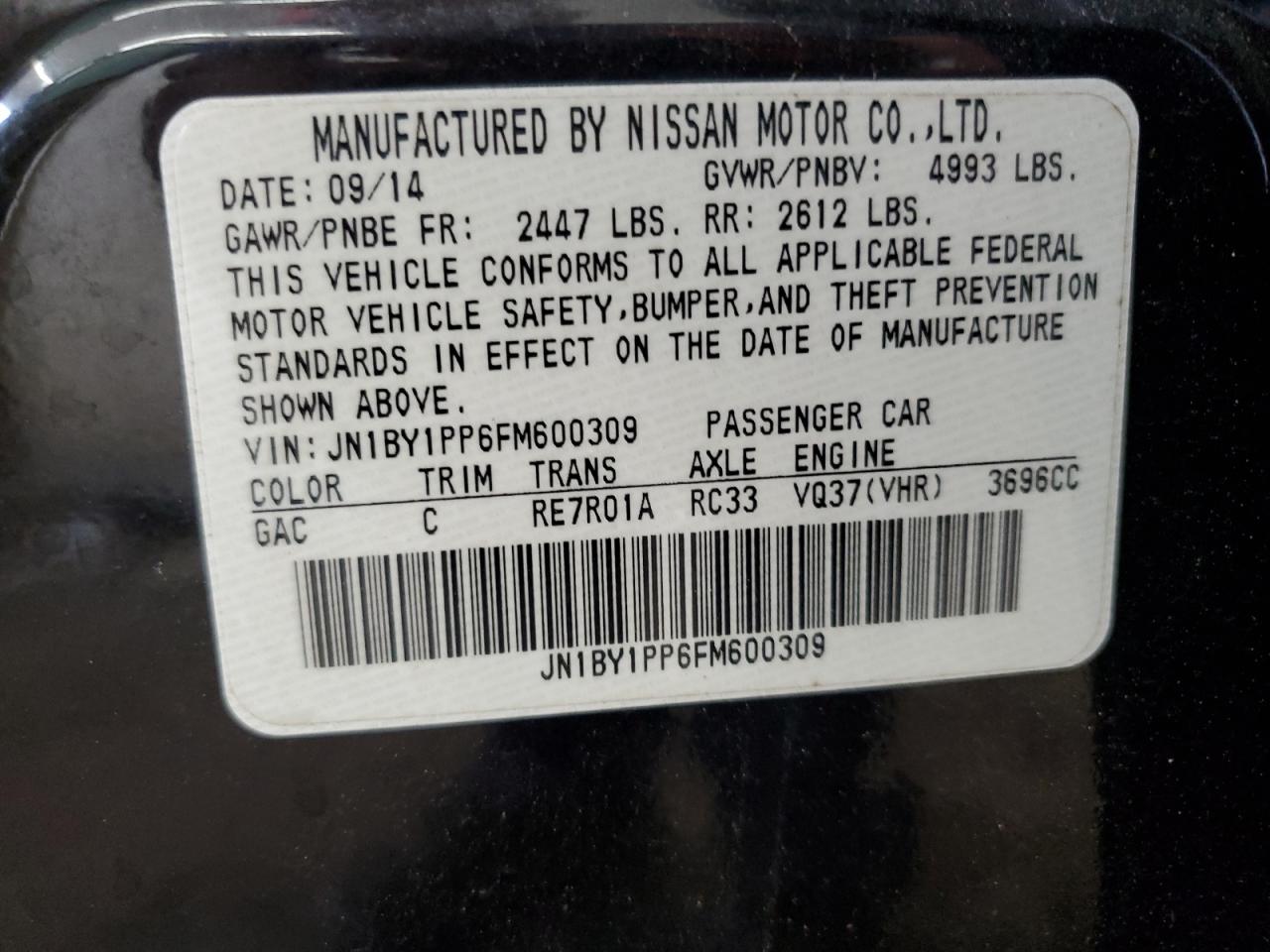 2015 Infiniti Q70L 3.7 VIN: JN1BY1PP6FM600309 Lot: 67933335