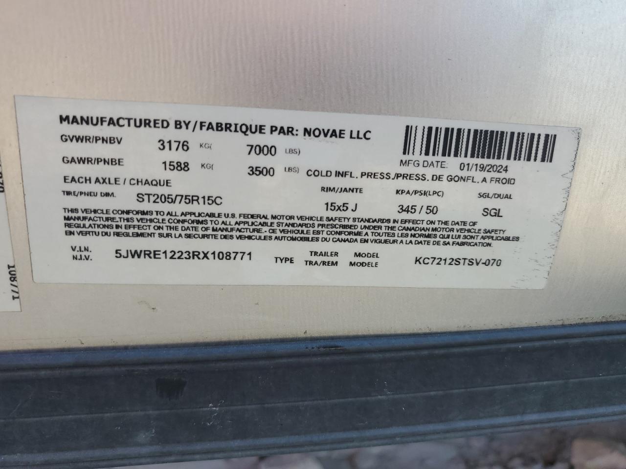 2024 Compass Kc7212Stsv-070 Enclosed Cargo Trailer VIN: 5JWRE1223RX108771 Lot: 65925465