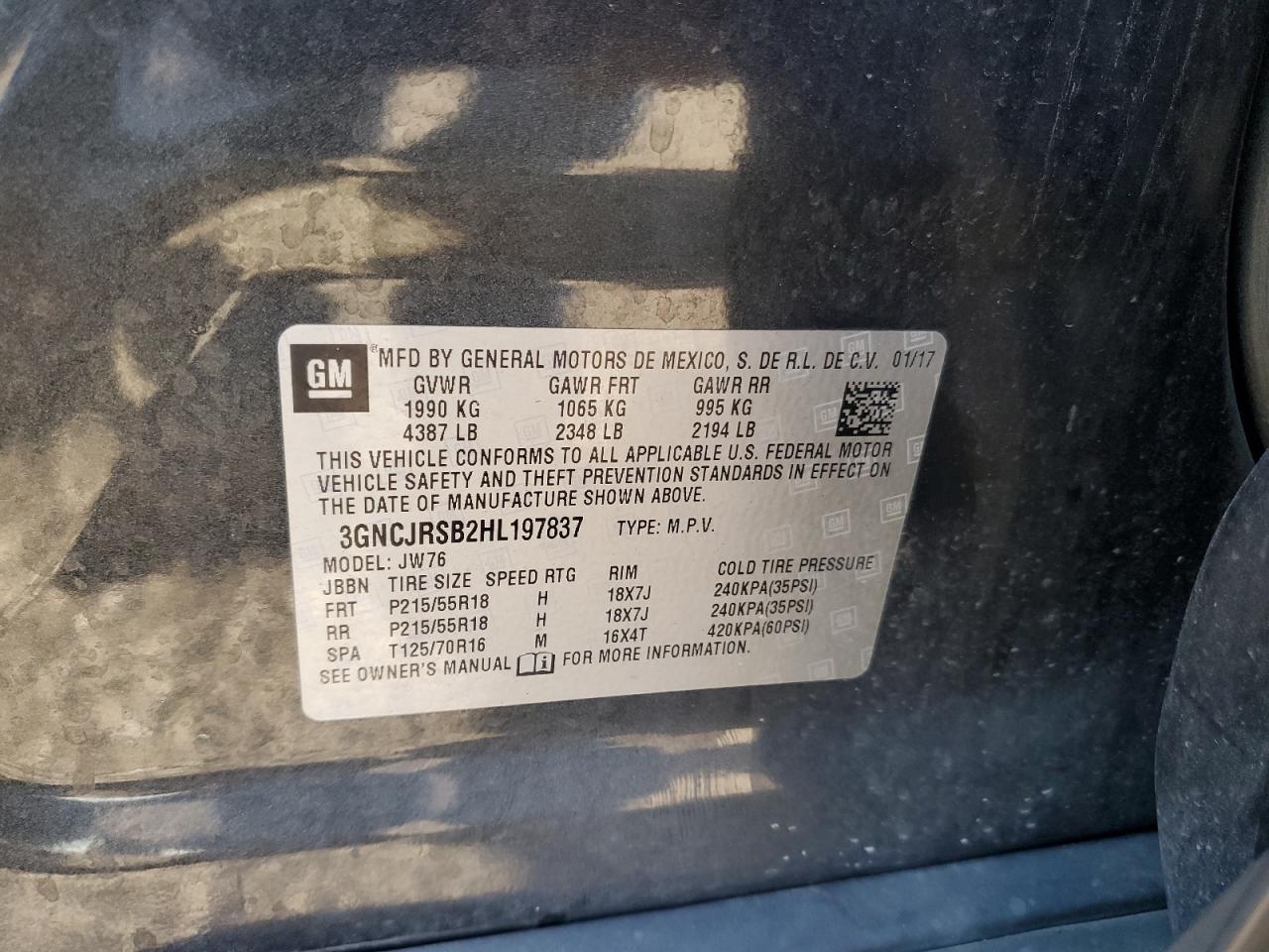 2017 Chevrolet Trax Premier VIN: 3GNCJRSB2HL197837 Lot: 69658375