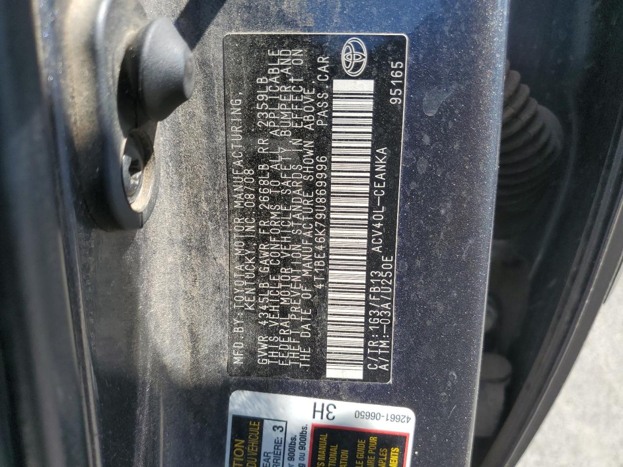 2009 Toyota Camry Base VIN: 4T1BE46K79U869996 Lot: 69424045