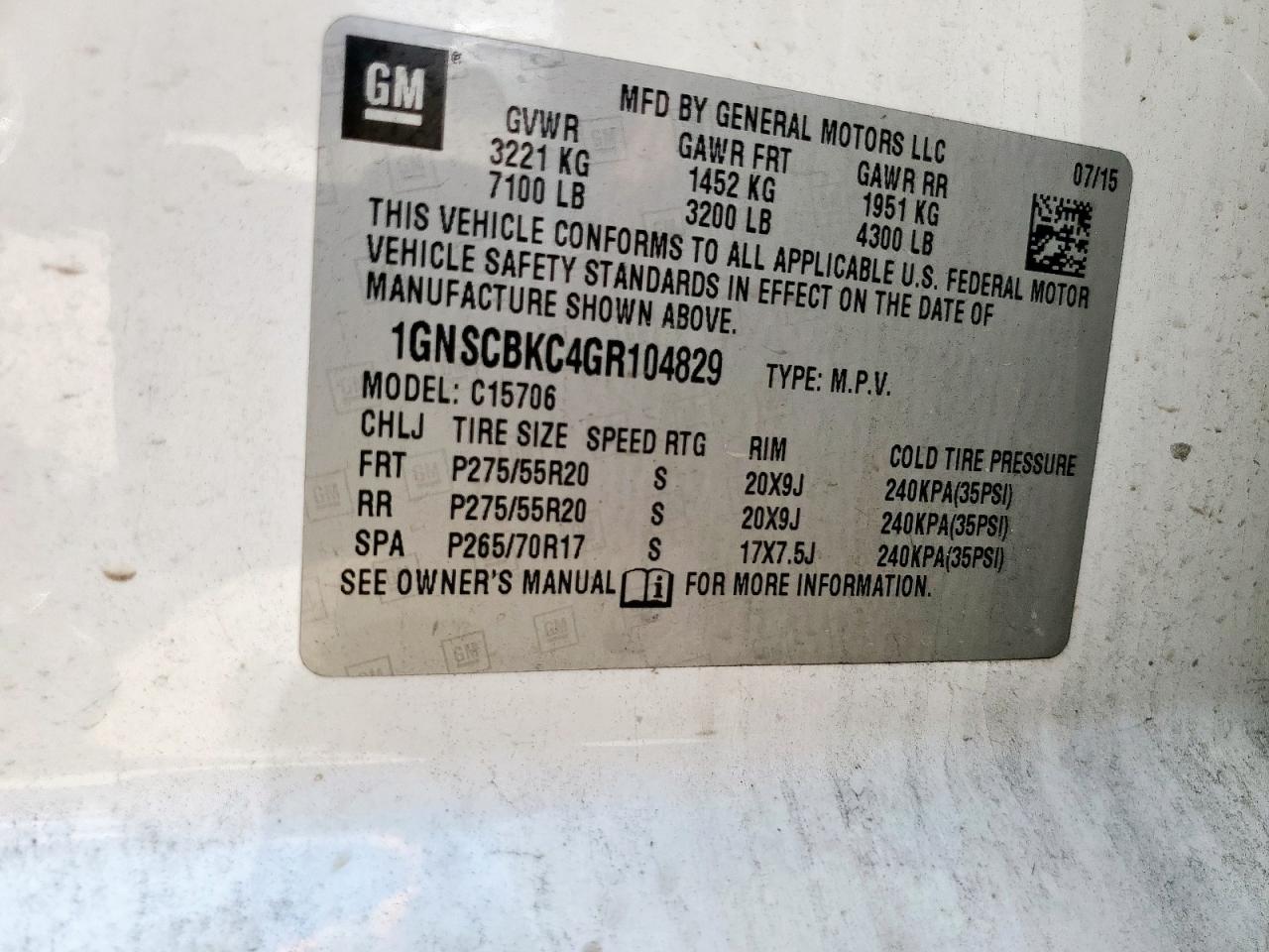 2016 Chevrolet Tahoe C1500 Lt VIN: 1GNSCBKC4GR104829 Lot: 69974335