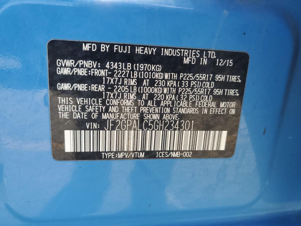 2016 Subaru Crosstrek Limited VIN: JF2GPALC5GH234301 Lot: 69584005