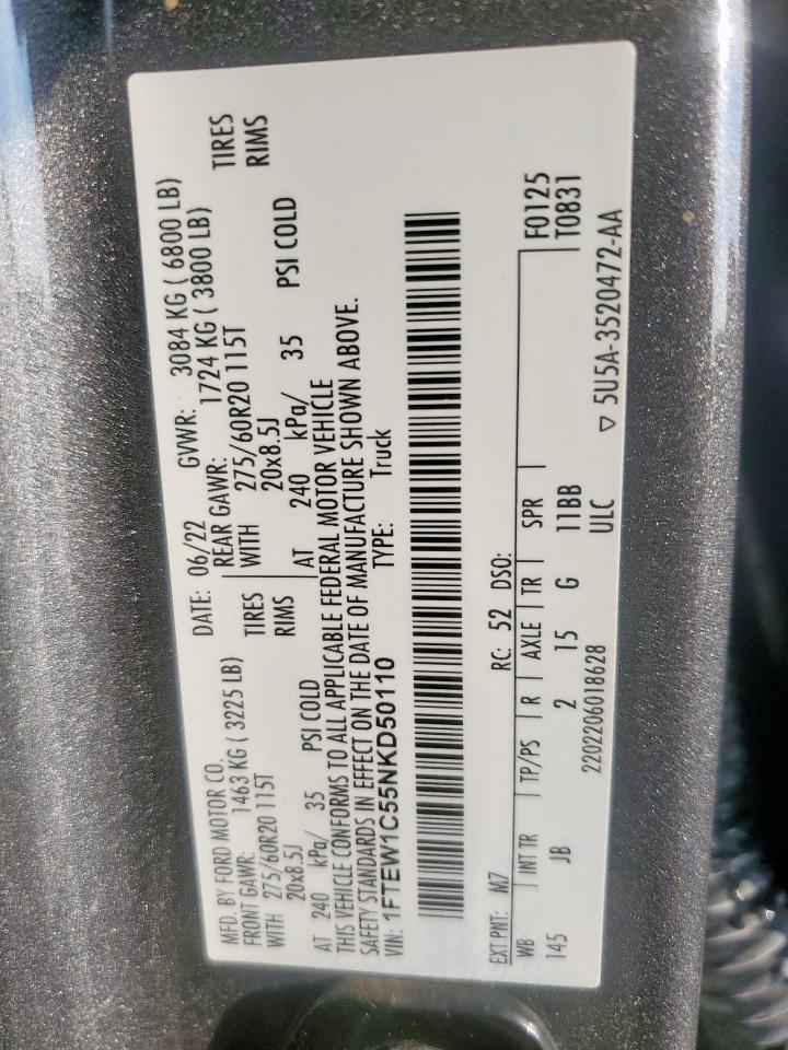 2022 Ford F150 Supercrew VIN: 1FTEW1C55NKD50110 Lot: 68739135