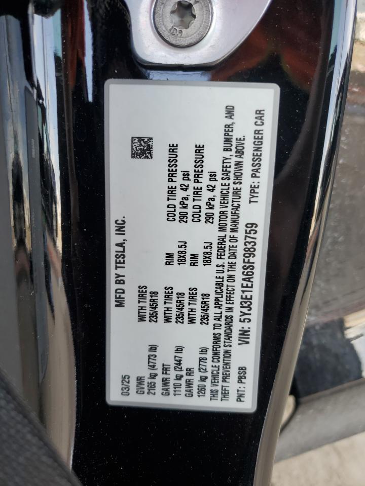 2025 Tesla Model 3 VIN: 5YJ3E1EA6SF983759 Lot: 70429225