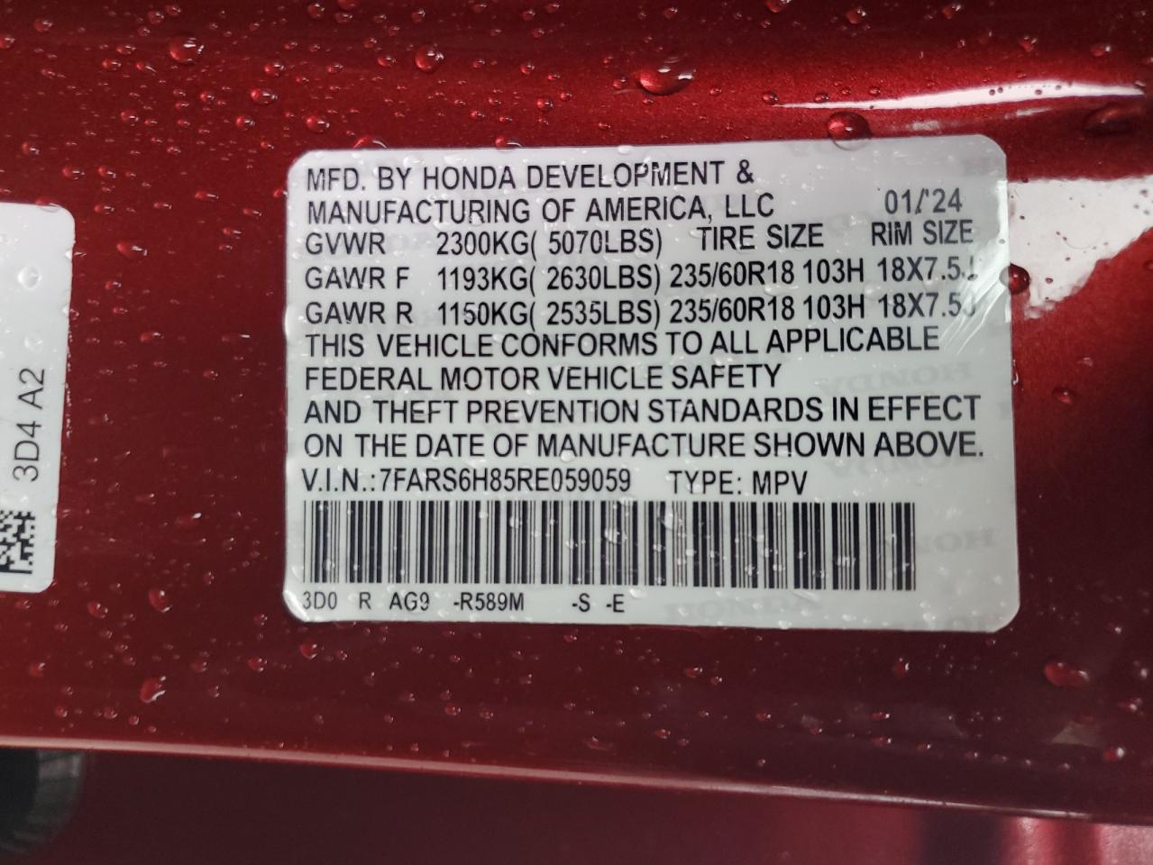 2024 Honda Cr-V Sport-L VIN: 7FARS6H85RE059059 Lot: 69585855