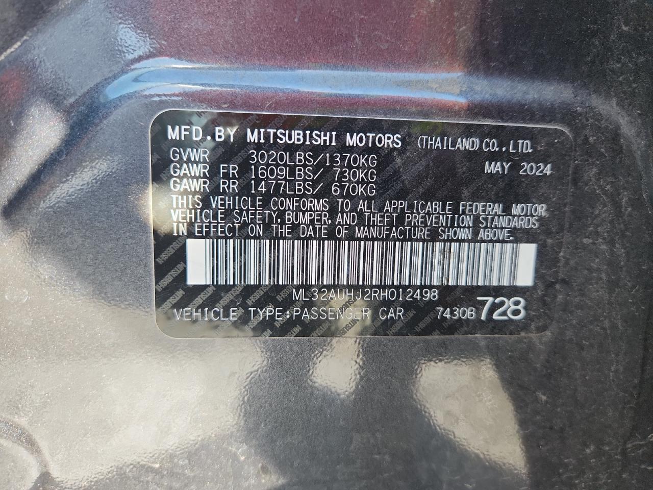 2024 Mitsubishi Mirage Es VIN: ML32AUHJ2RH012498 Lot: 68335825