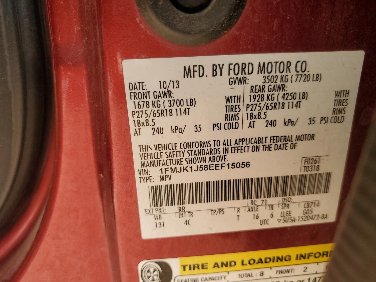 2014 Ford Expedition El Xlt VIN: 1FMJK1J58EEF15056 Lot: 69570225