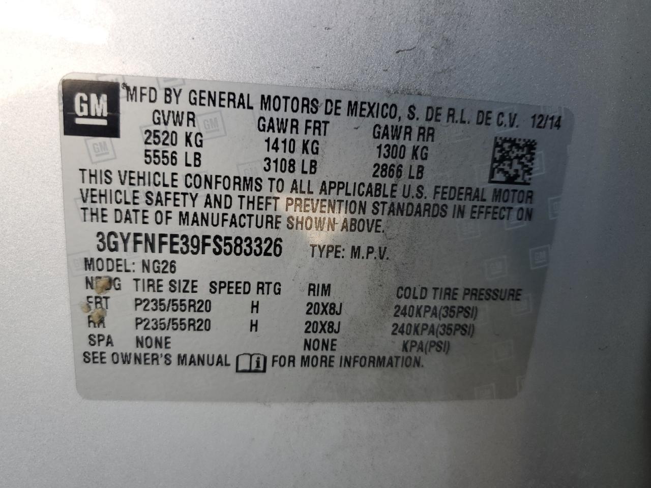 2015 Cadillac Srx Performance Collection VIN: 3GYFNFE39FS583326 Lot: 70221925