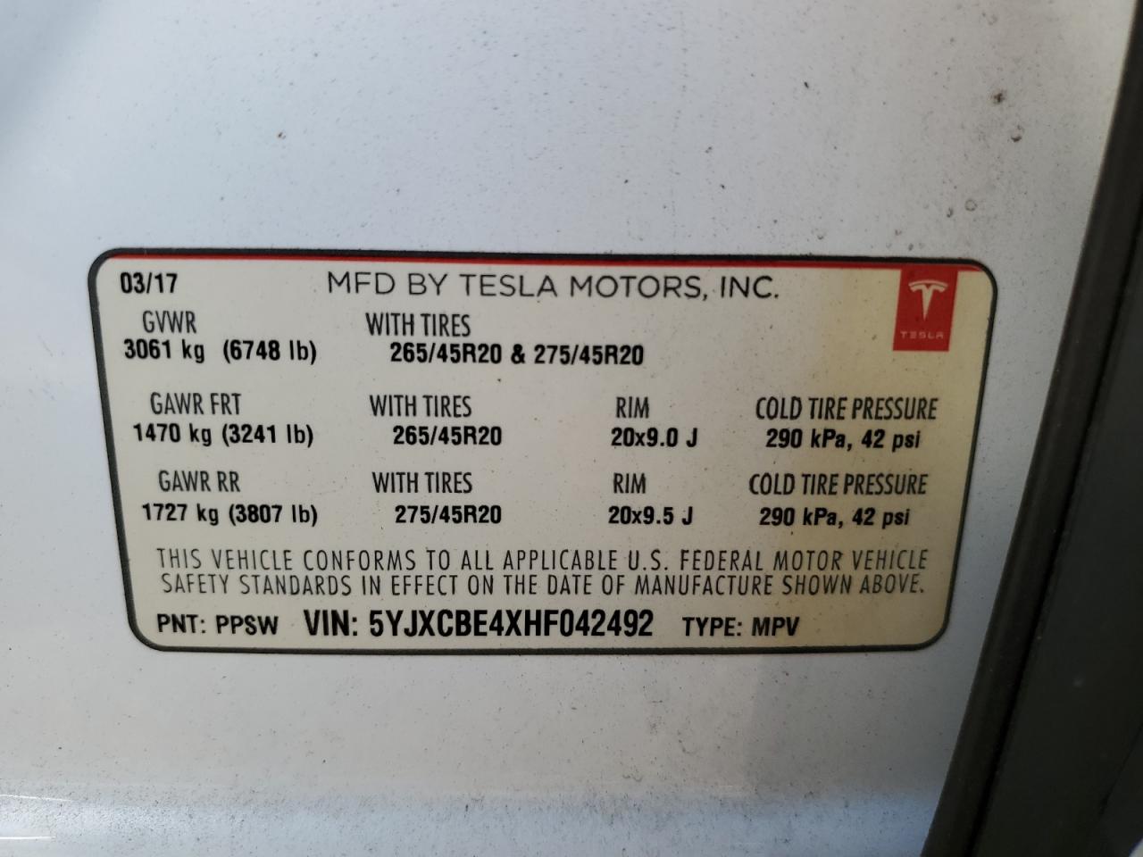 2017 Tesla Model X VIN: 5YJXCBE4XHF042492 Lot: 67553665