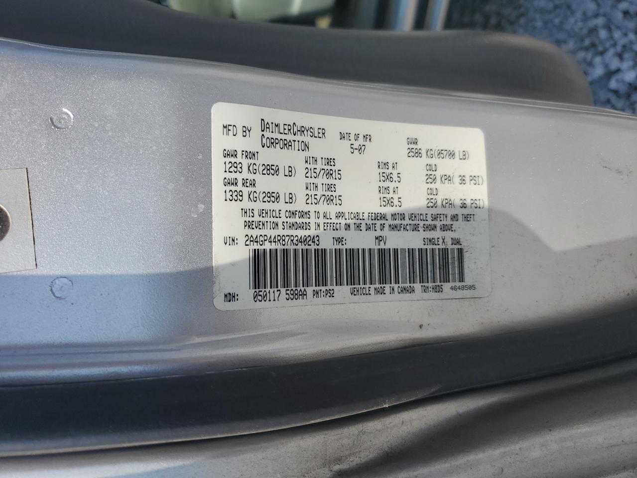 2007 Chrysler Town & Country Lx VIN: 2A4GP44R87R340243 Lot: 68647365