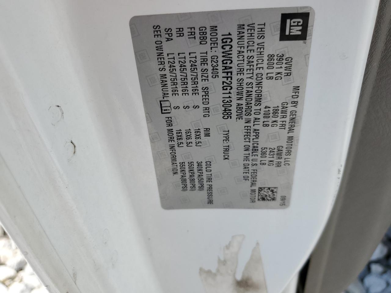 2016 Chevrolet Express G2500 VIN: 1GCWGAFF2G1130485 Lot: 68861005