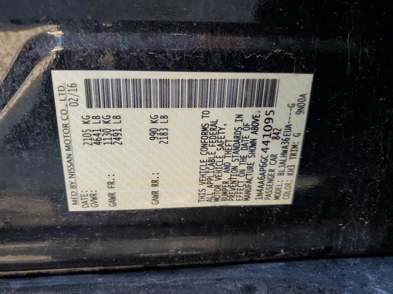 2016 Nissan Maxima 3.5S VIN: 1N4AA6AP6GC441095 Lot: 65765515