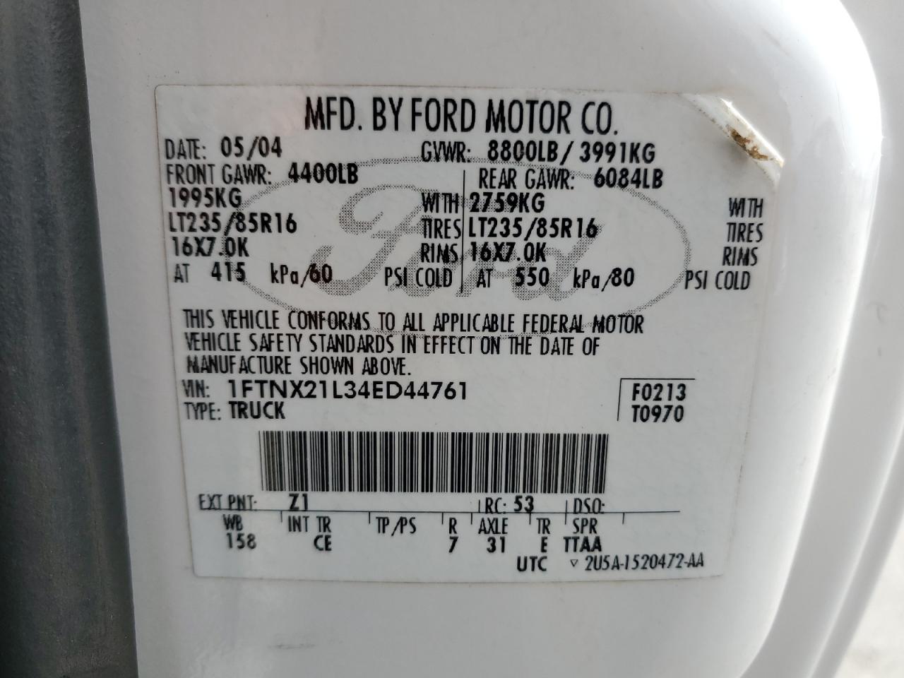 2004 Ford F250 Super Duty VIN: 1FTNX21L34ED44761 Lot: 70487075