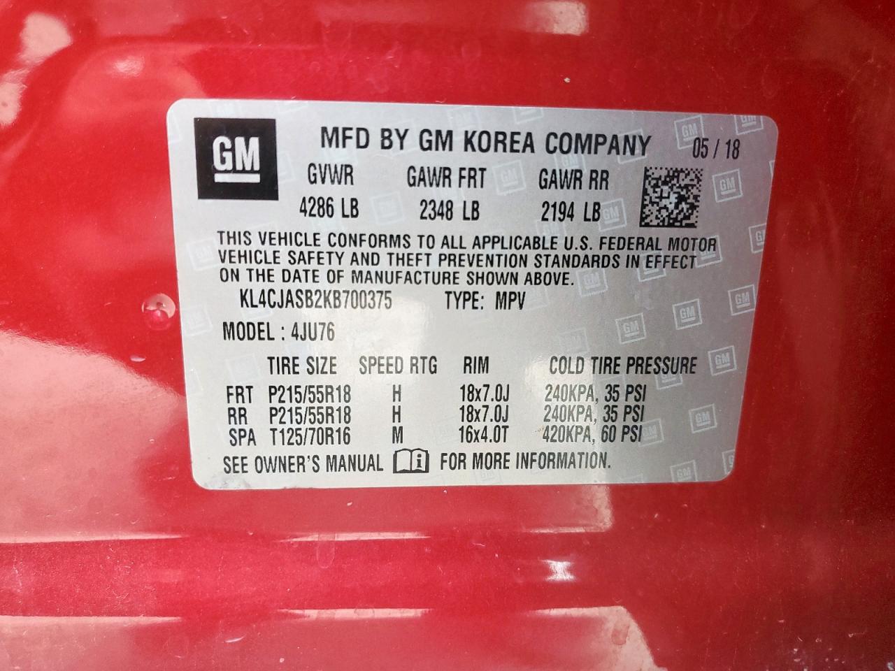 2019 Buick Encore Preferred VIN: KL4CJASB2KB700375 Lot: 70852245