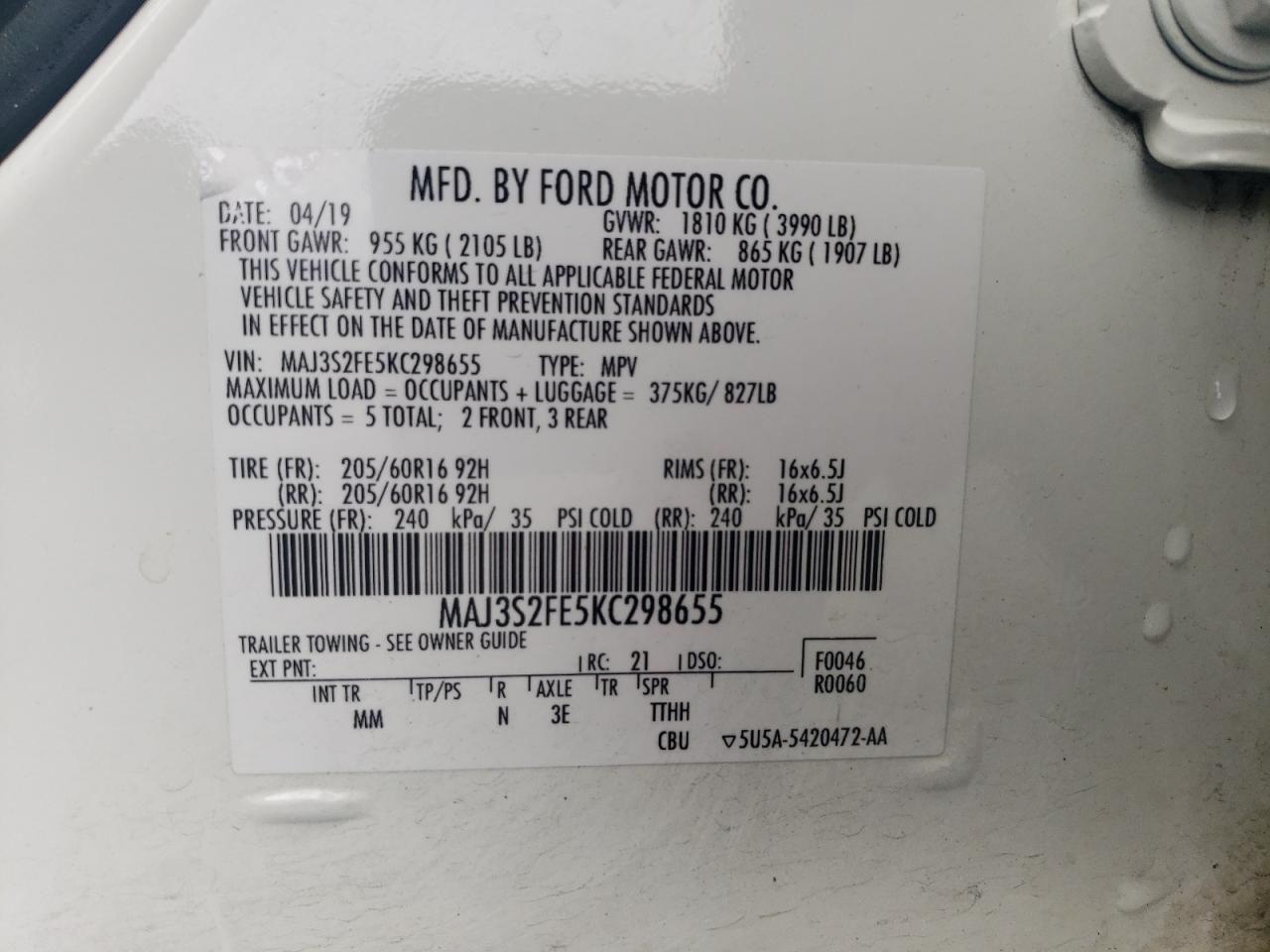 2019 Ford Ecosport S VIN: MAJ3S2FE5KC298655 Lot: 67999915