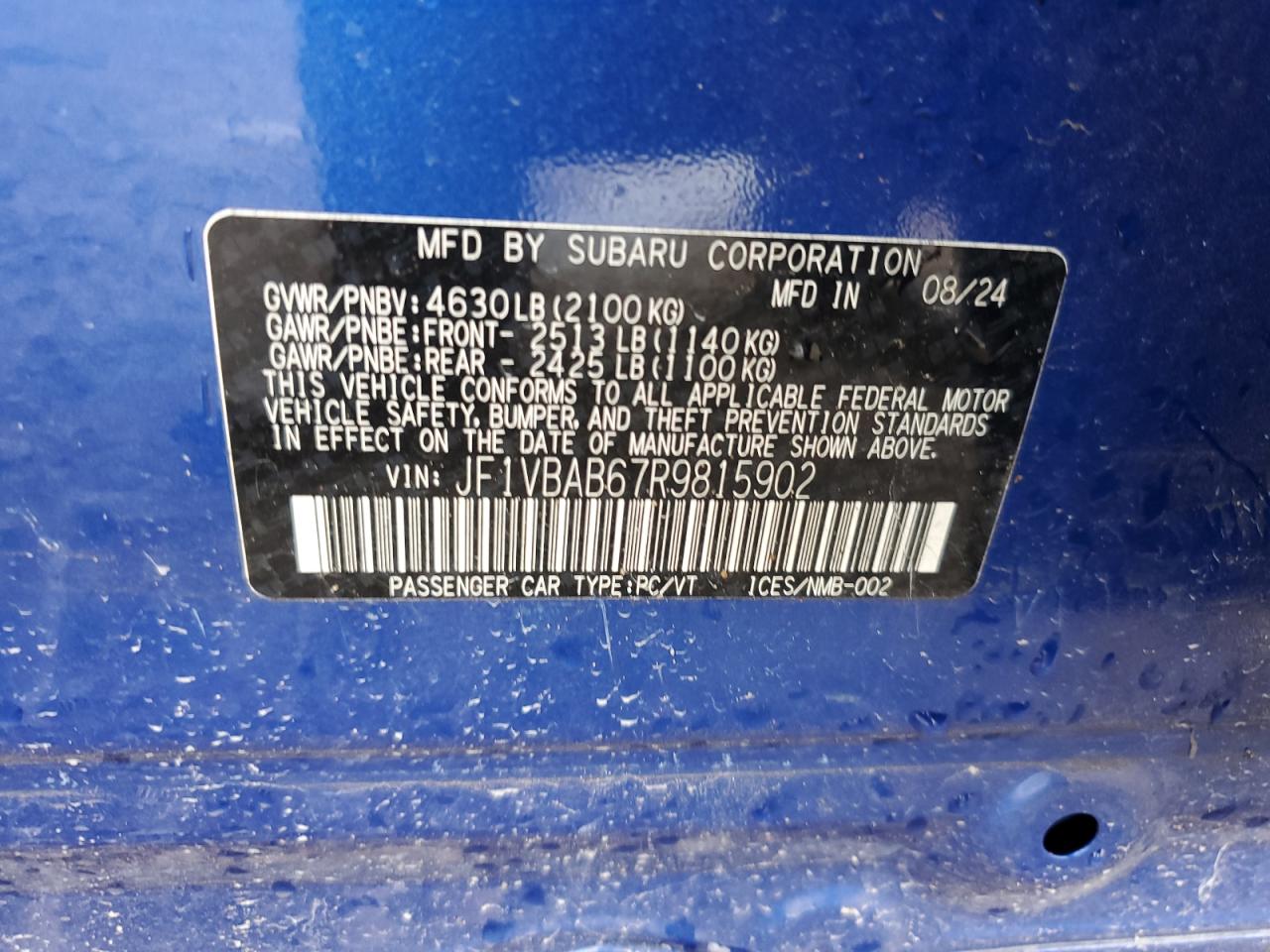 2024 Subaru Wrx VIN: JF1VBAB67R9815902 Lot: 68743285