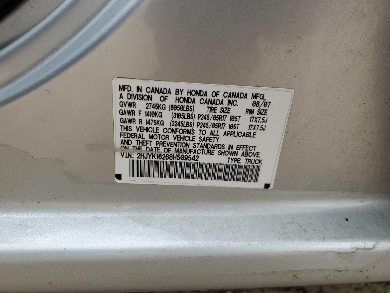 2008 Honda Ridgeline Rt VIN: 2HJYK16268H509542 Lot: 68425585