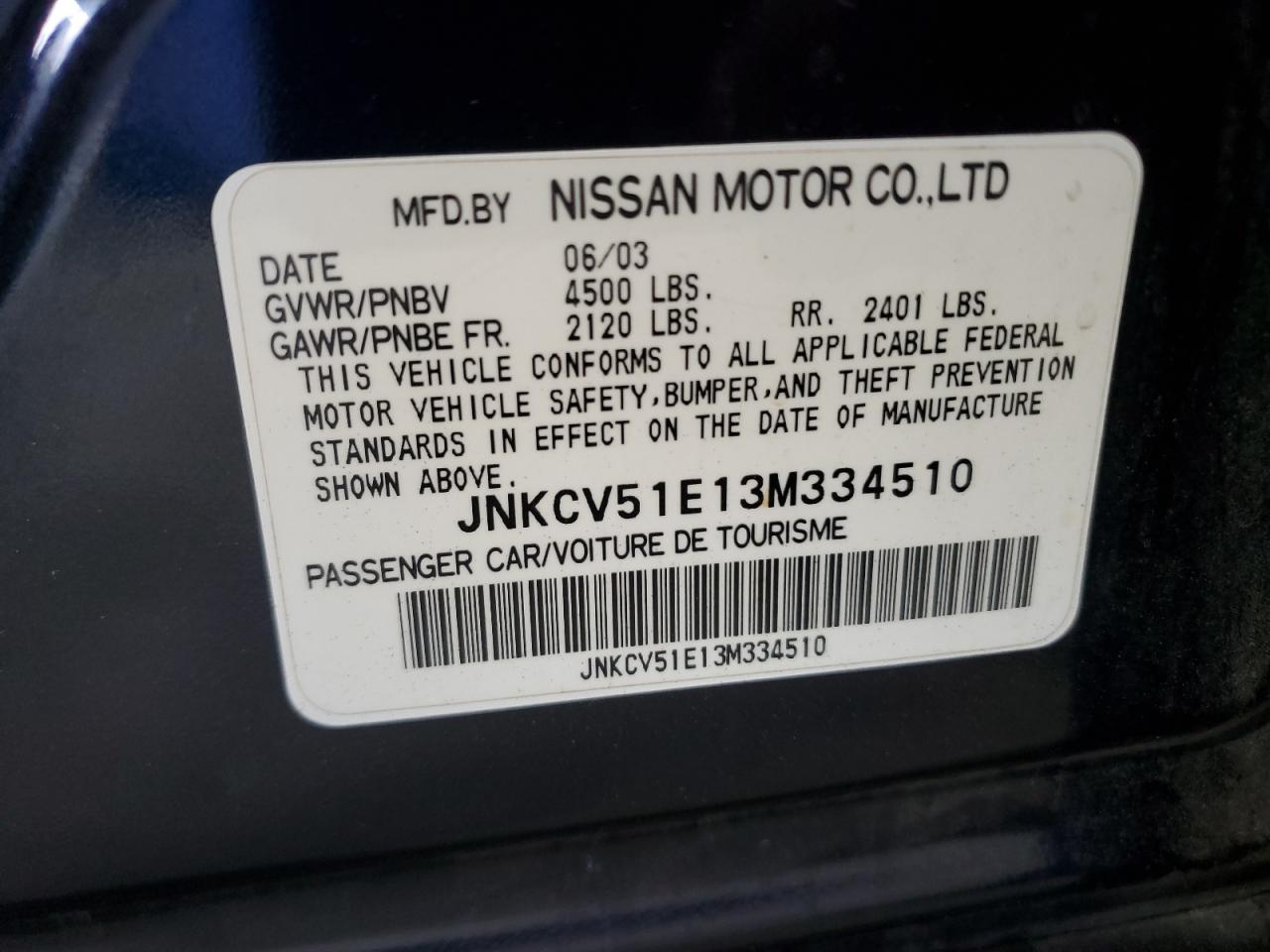2003 Infiniti G35 VIN: JNKCV51E13M334510 Lot: 70308875