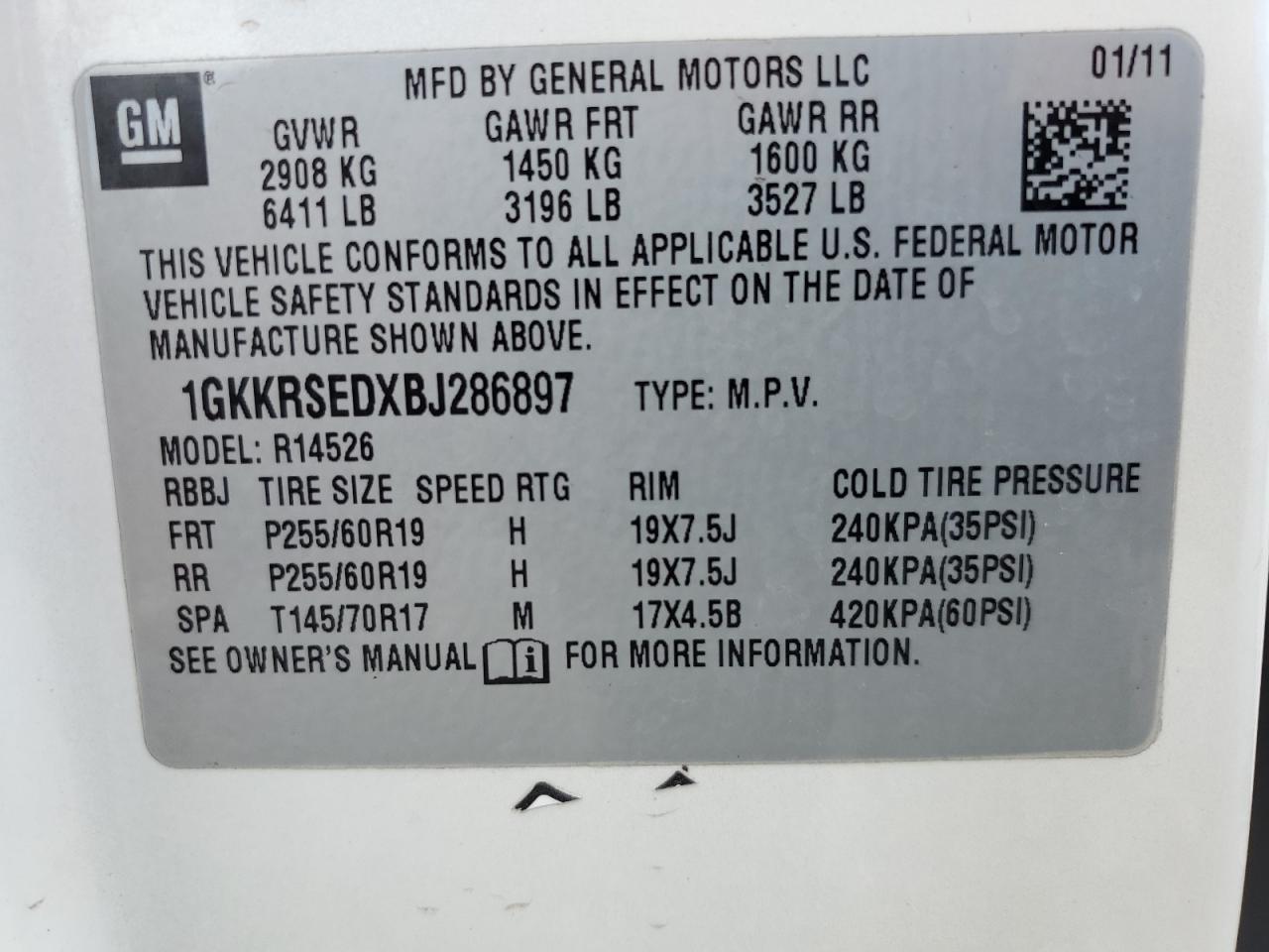 2011 GMC Acadia Slt-2 VIN: 1GKKRSEDXBJ286897 Lot: 70207595
