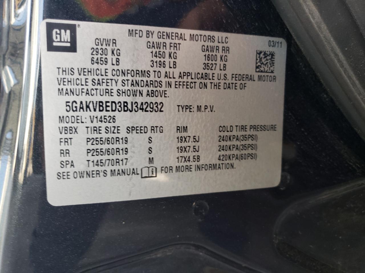 2011 Buick Enclave Cxl VIN: 5GAKVBED3BJ342932 Lot: 68113865