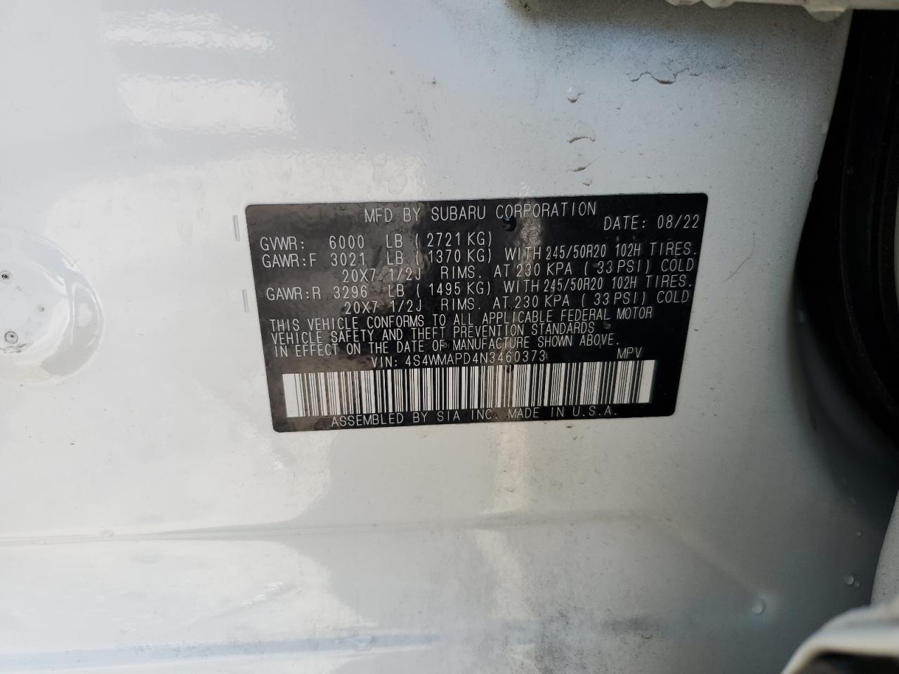 2022 Subaru Ascent Limited VIN: 4S4WMAPD4N3460373 Lot: 68328925