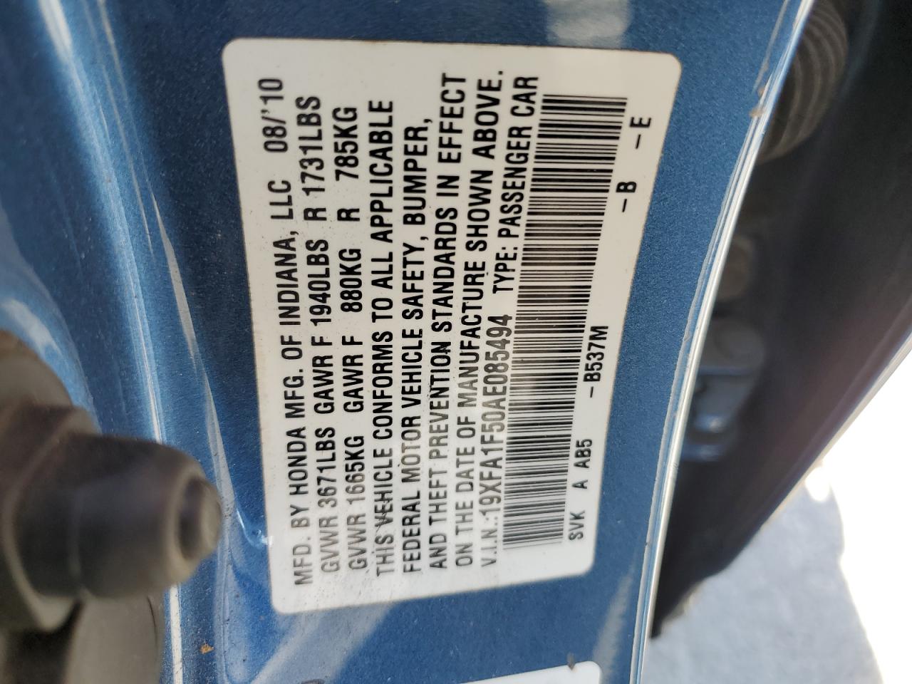 2010 Honda Civic Lx VIN: 19XFA1F50AE085494 Lot: 70781225