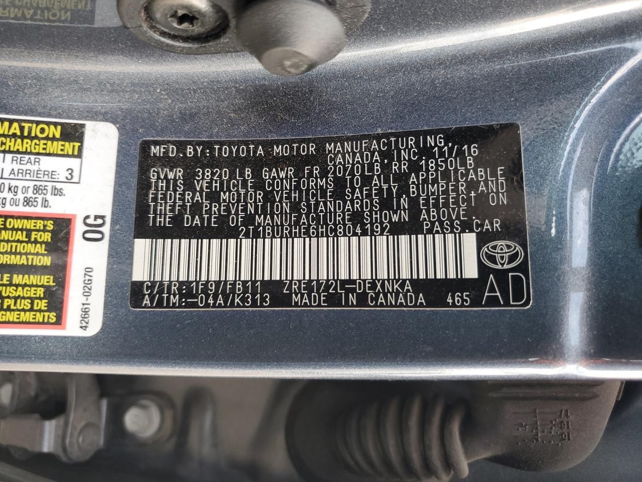 2017 Toyota Corolla L VIN: 2T1BURHE6HC804192 Lot: 67920645
