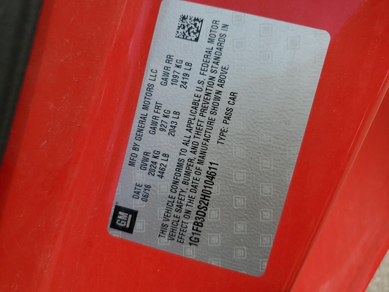 2017 Chevrolet Camaro Lt VIN: 1G1FB3DS2H0104611 Lot: 67549905