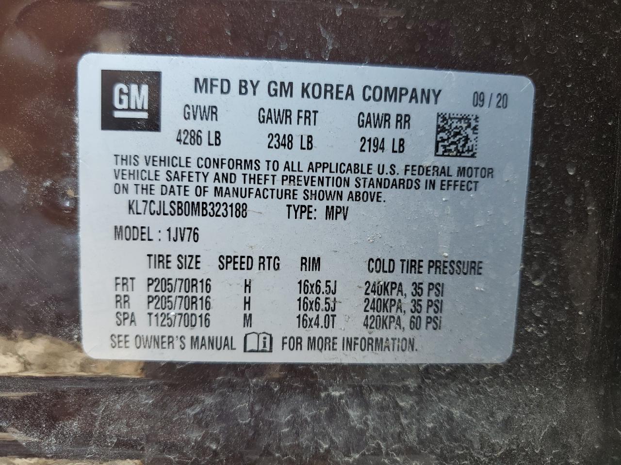 2021 Chevrolet Trax 1Lt VIN: KL7CJLSB0MB323188 Lot: 68733435