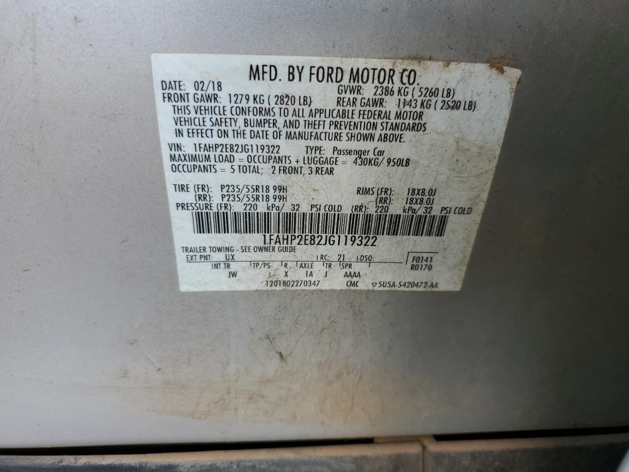 2018 Ford Taurus Sel VIN: 1FAHP2E82JG119322 Lot: 68083835