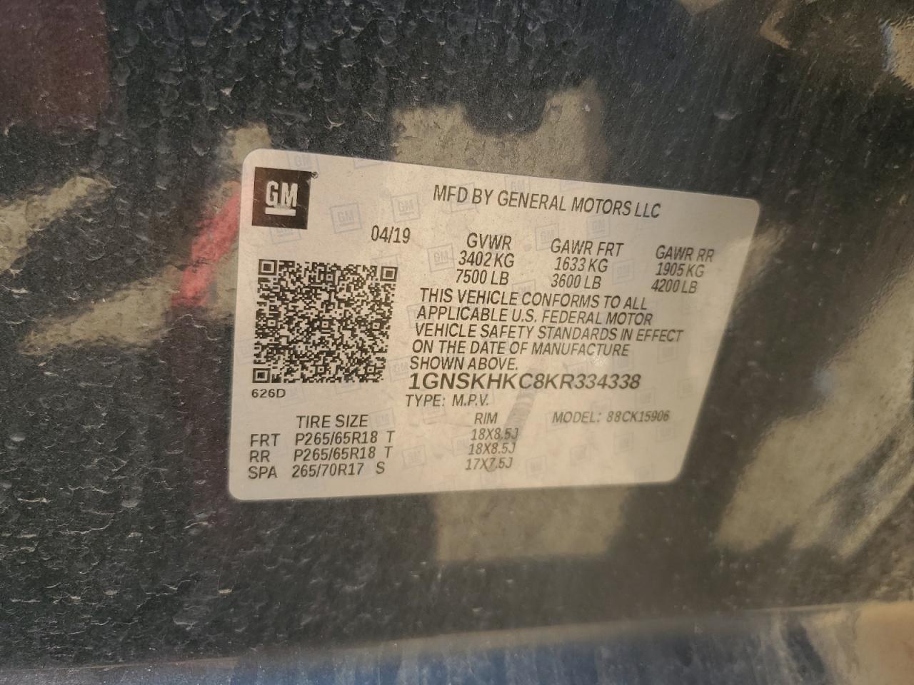 2019 Chevrolet Suburban K1500 Lt VIN: 1GNSKHKC8KR334338 Lot: 69499725