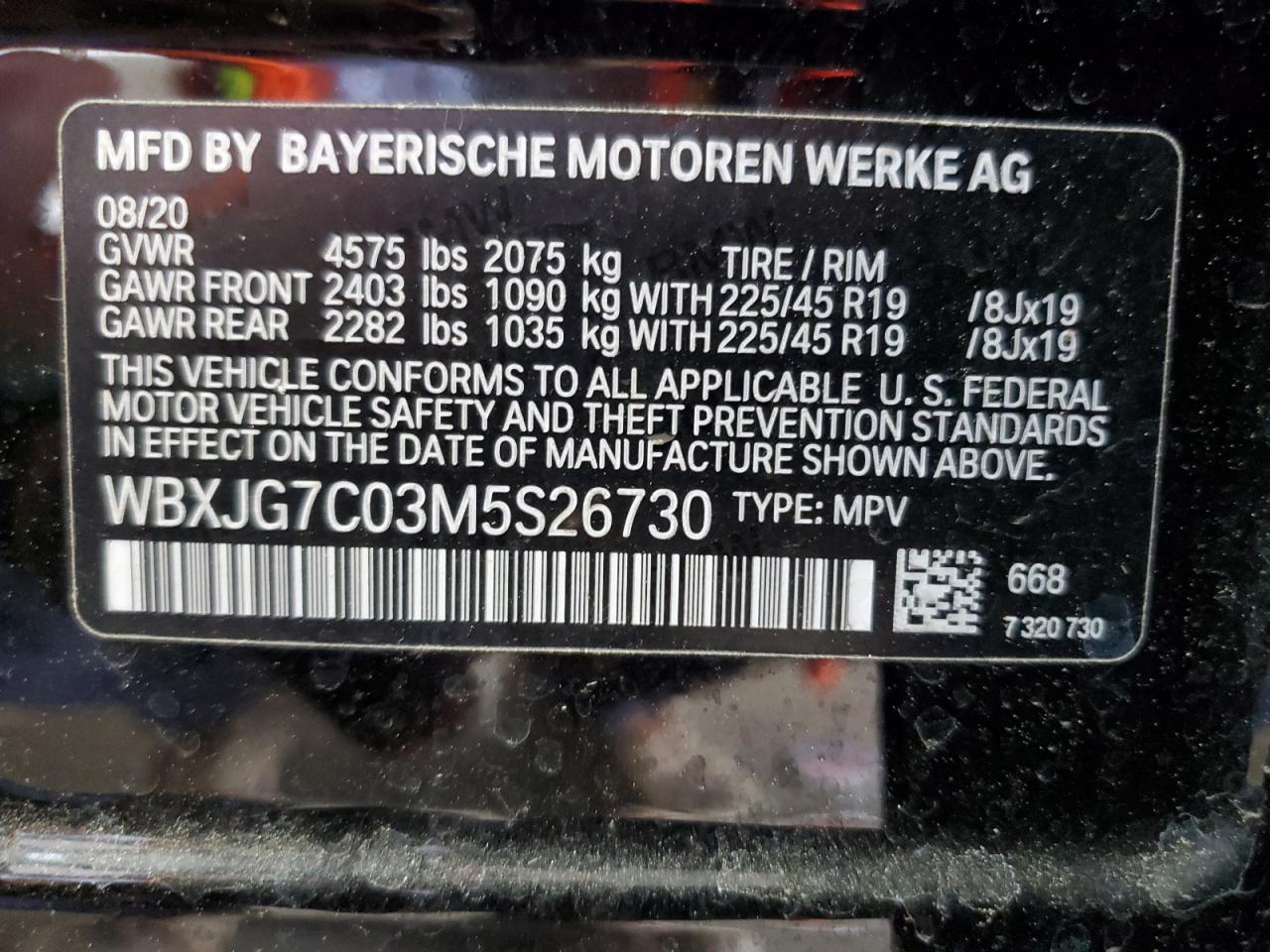 2021 BMW X1 Sdrive28I VIN: WBXJG7C03M5S26730 Lot: 68005725