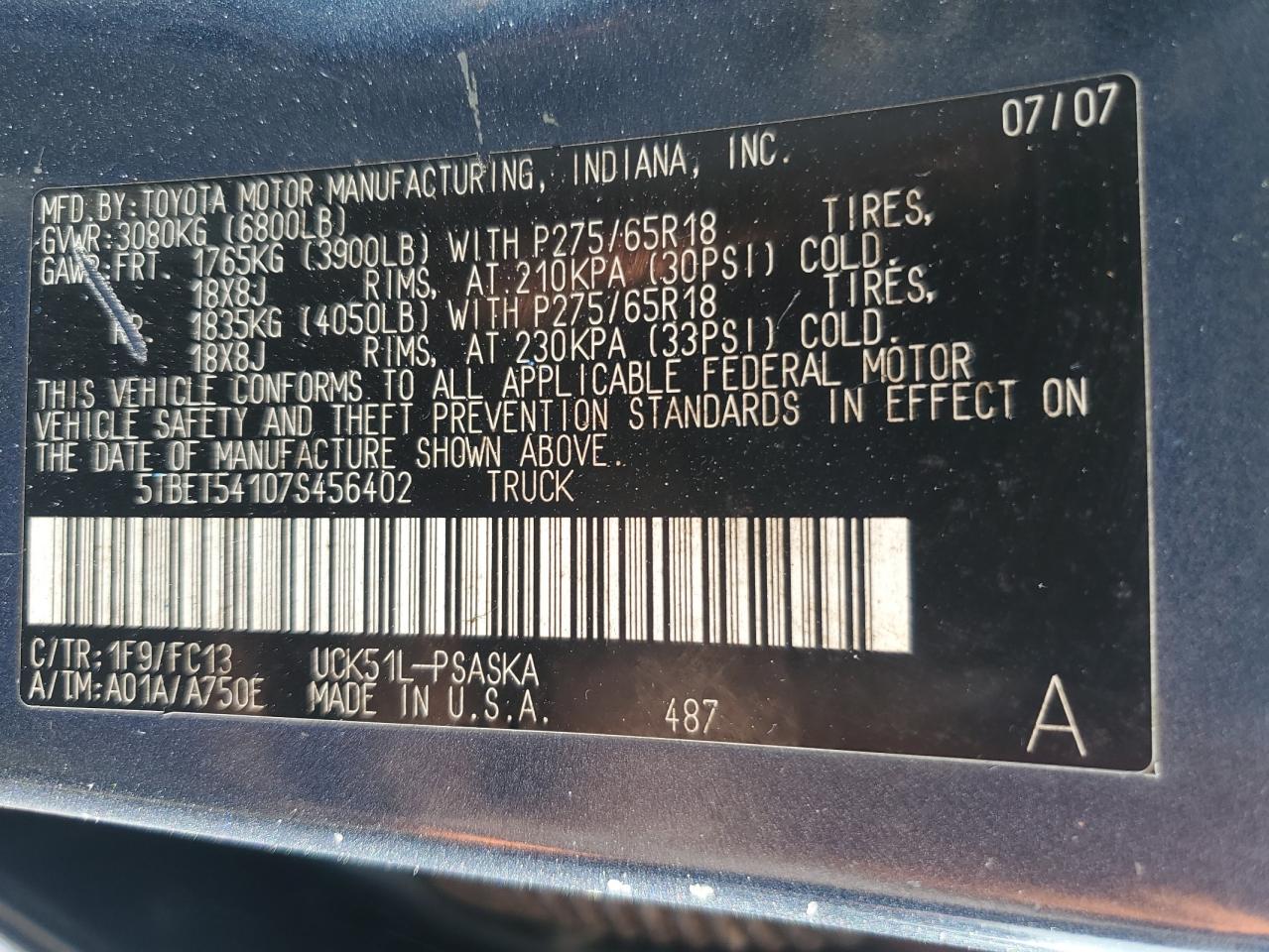 2007 Toyota Tundra Crewmax Sr5 VIN: 5TBET54107S456402 Lot: 70253405