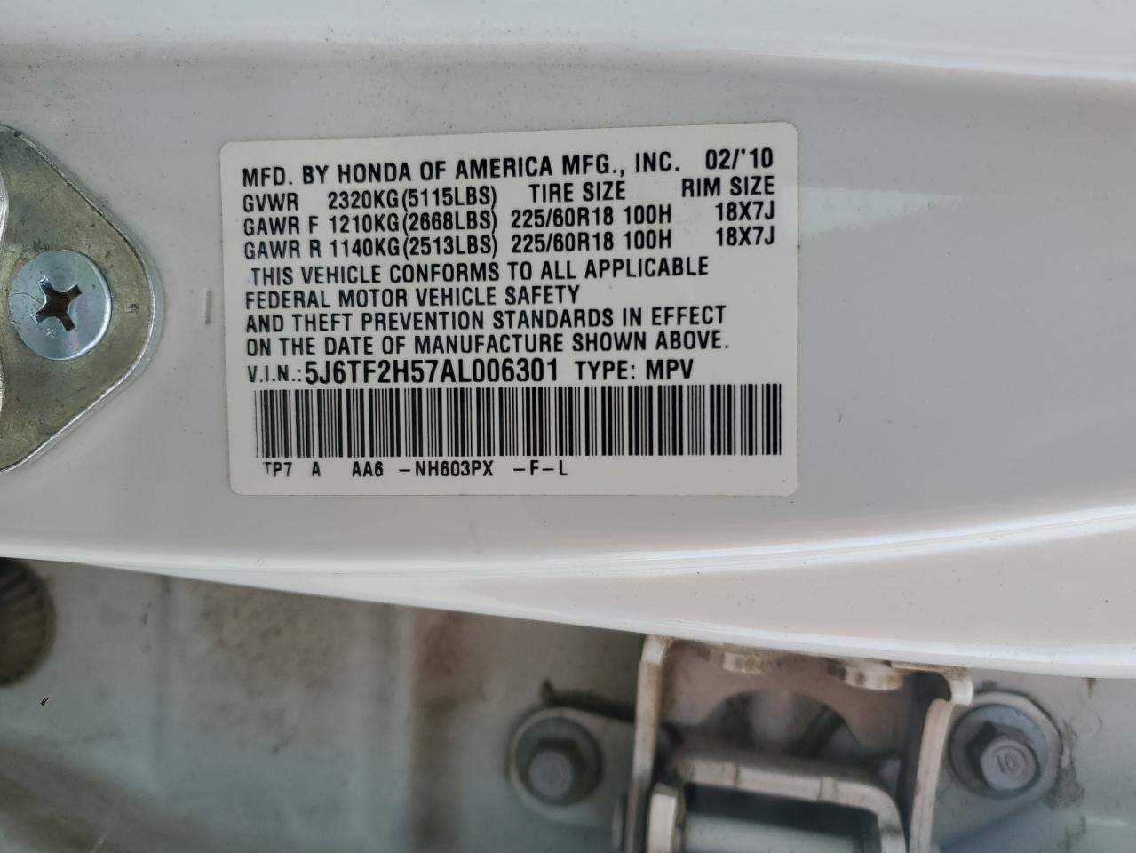 2010 Honda Accord Crosstour Exl VIN: 5J6TF2H57AL006301 Lot: 70333265