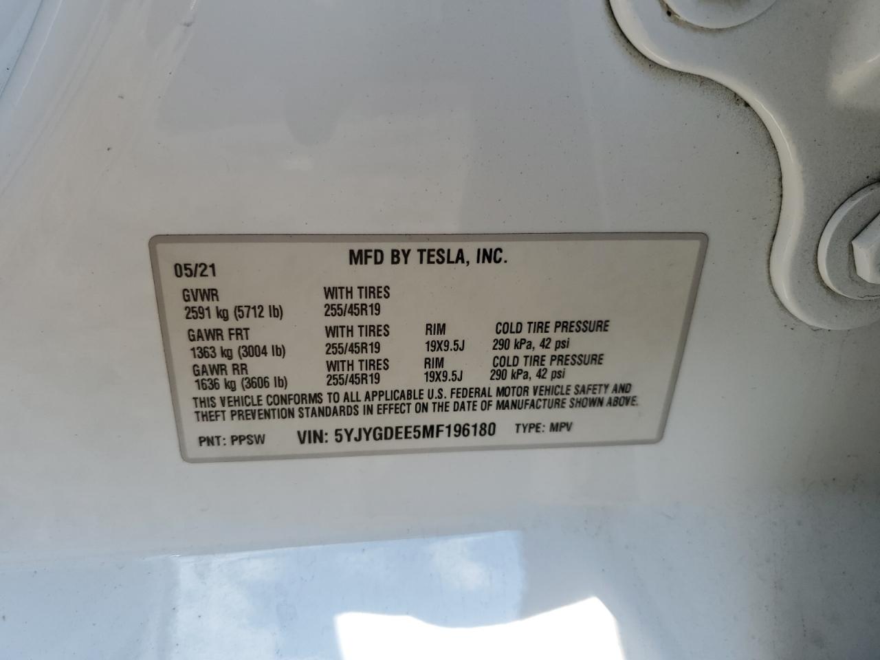 2021 Tesla Model Y VIN: 5YJYGDEE5MF196180 Lot: 70500395