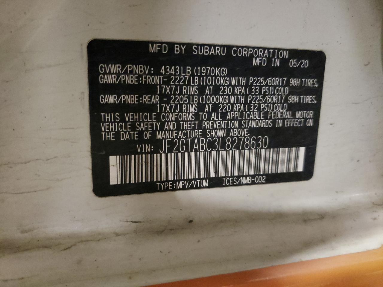 2020 Subaru Crosstrek VIN: JF2GTABC3L8278630 Lot: 69390485