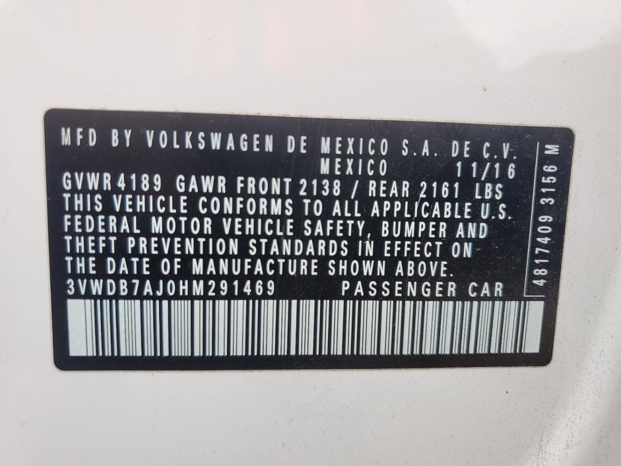 2017 Volkswagen Jetta Se VIN: 3VWDB7AJ0HM291469 Lot: 68041015