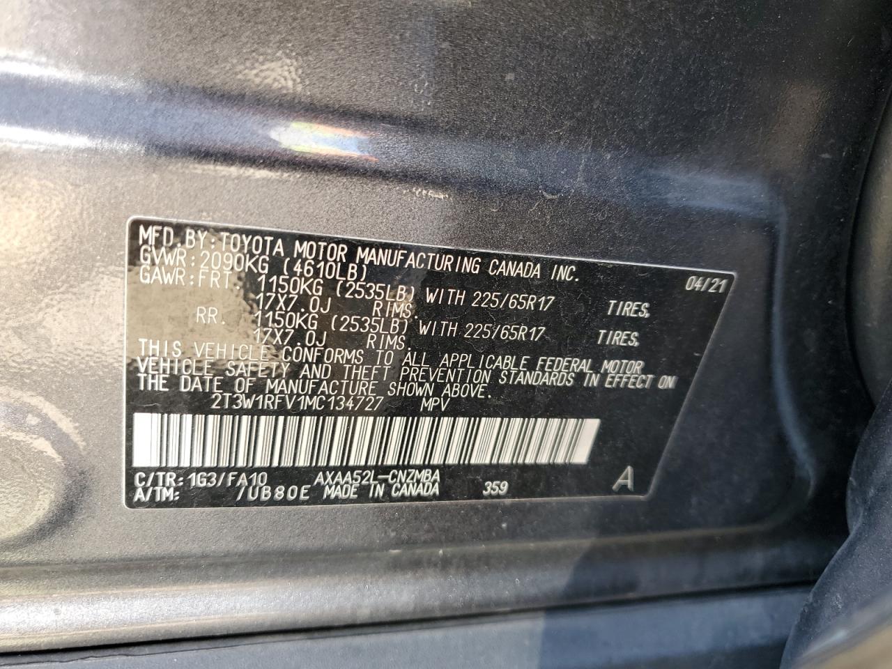 2021 Toyota Rav4 Xle VIN: 2T3W1RFV1MC134727 Lot: 68046515