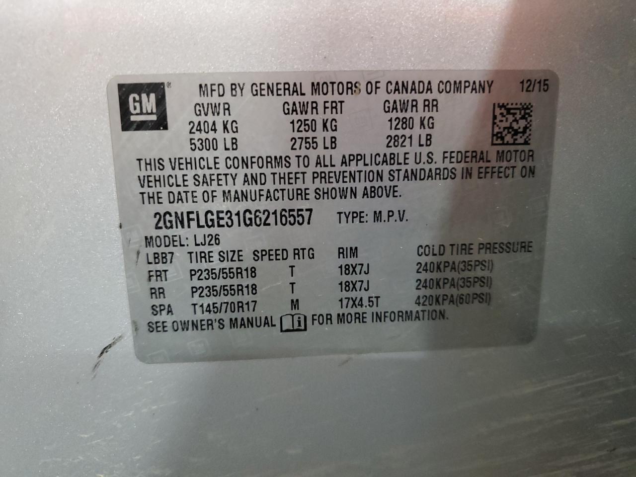 2016 Chevrolet Equinox Ltz VIN: 2GNFLGE31G6216557 Lot: 70218145