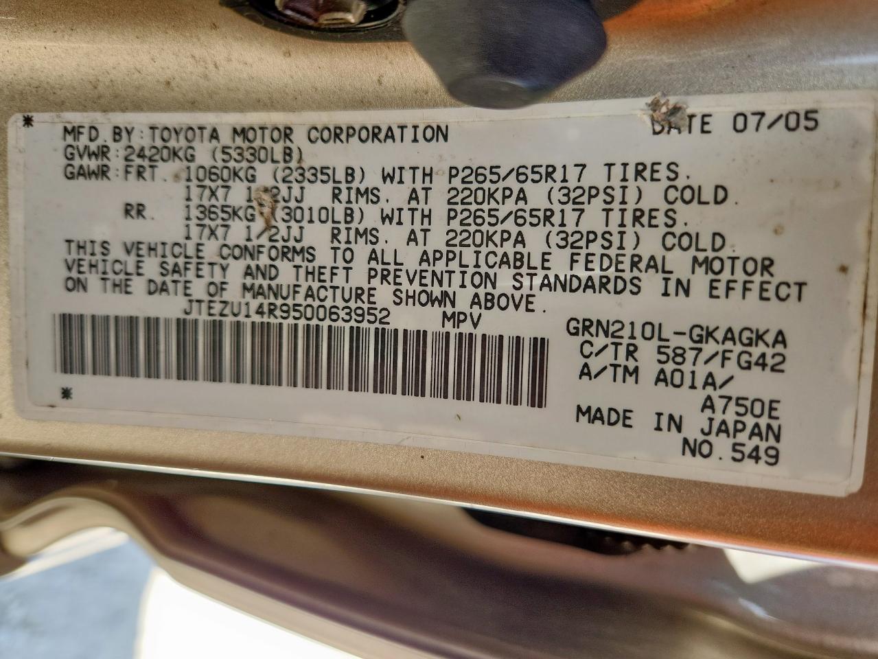 2005 Toyota 4Runner Sr5 VIN: JTEZU14R950063952 Lot: 68860265