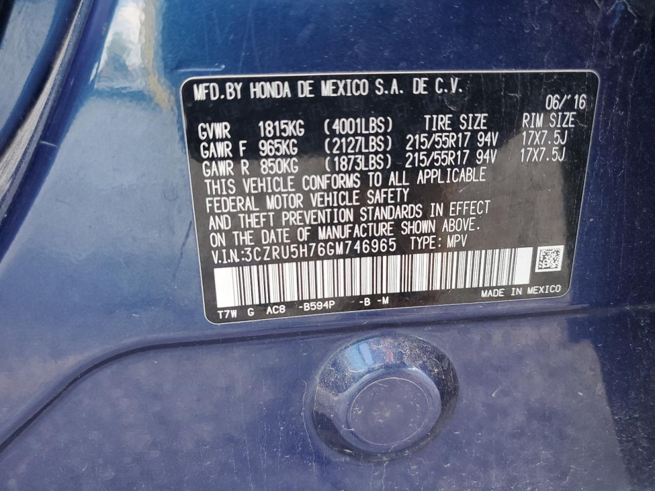 2016 Honda Hr-V Exl VIN: 3CZRU5H76GM746965 Lot: 69757235