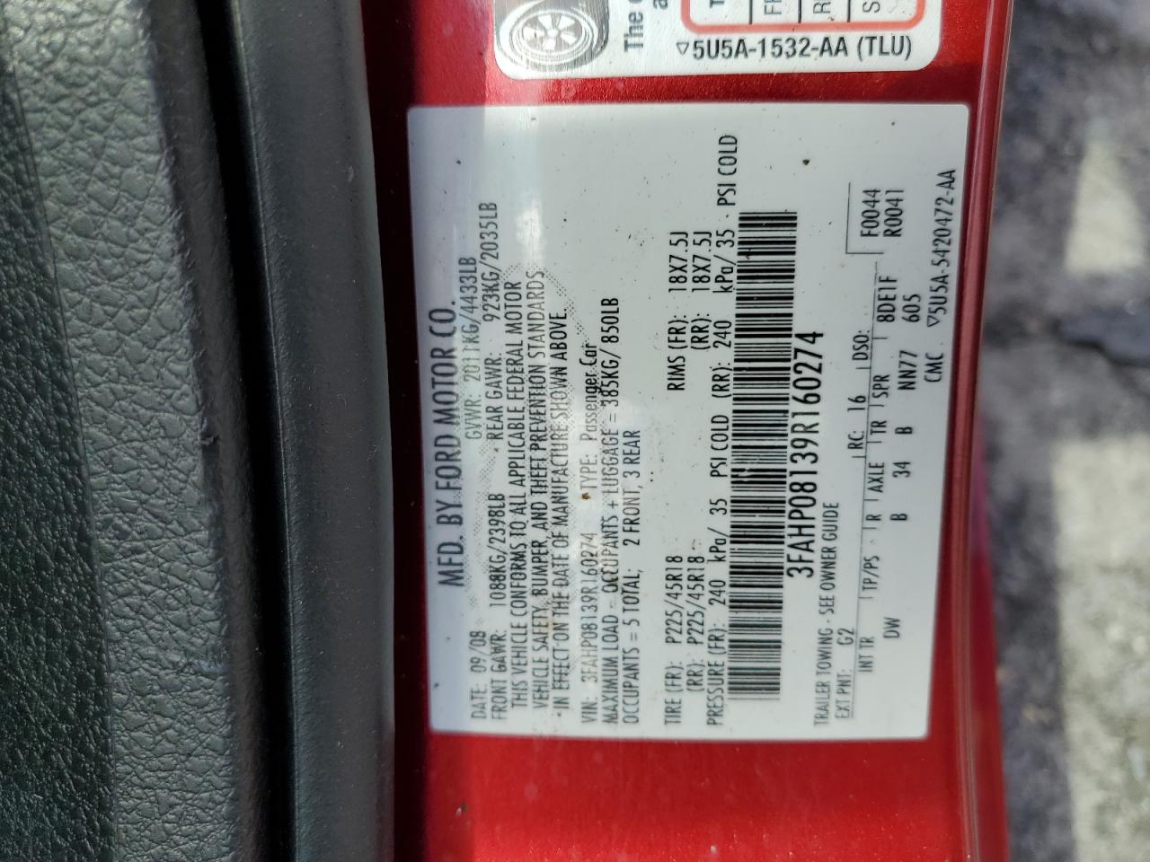 2009 Ford Fusion Sel VIN: 3FAHP08139R160274 Lot: 70563265