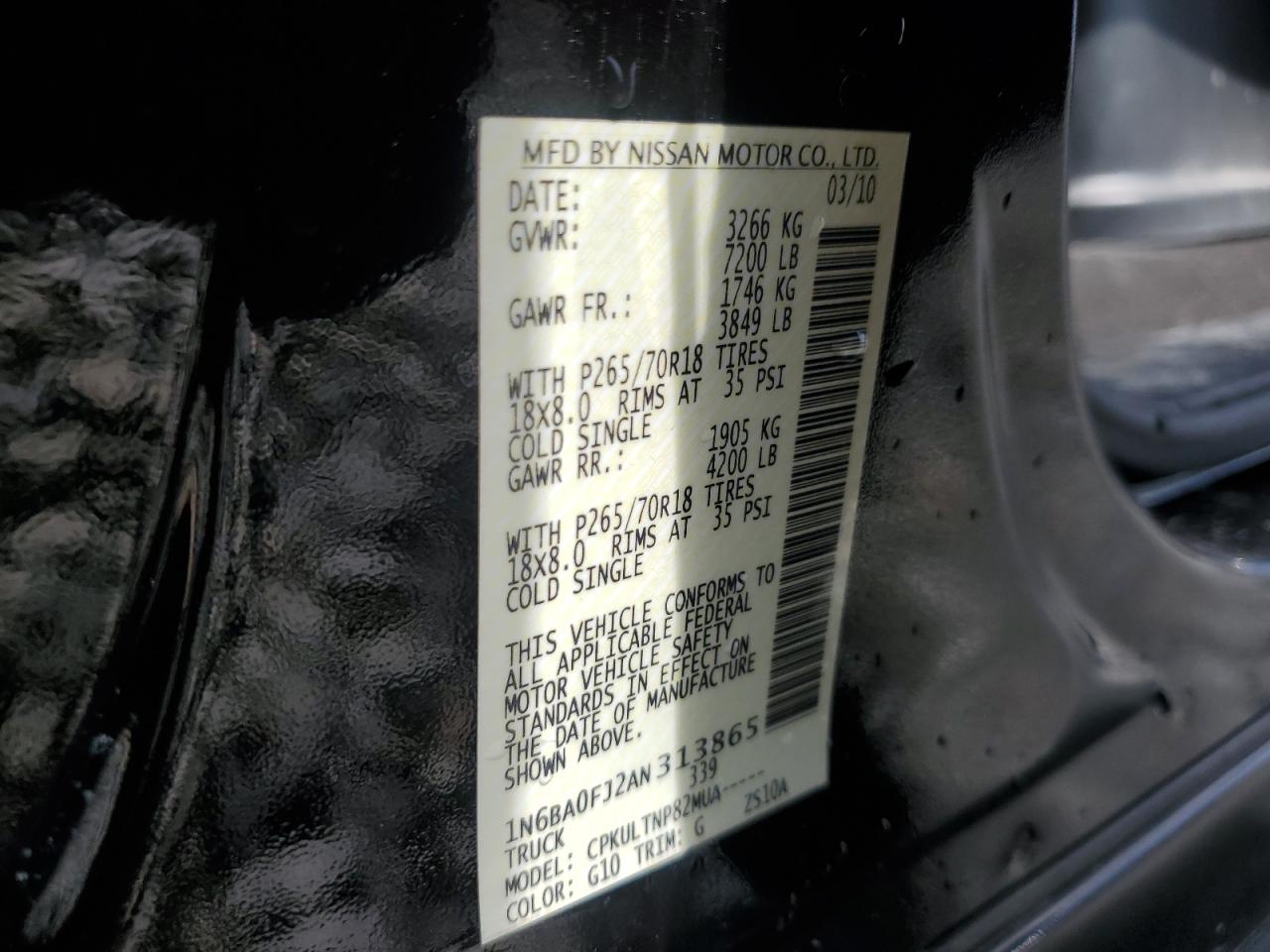 2010 Nissan Titan Xe VIN: 1N6BA0FJ2AN313865 Lot: 70111775