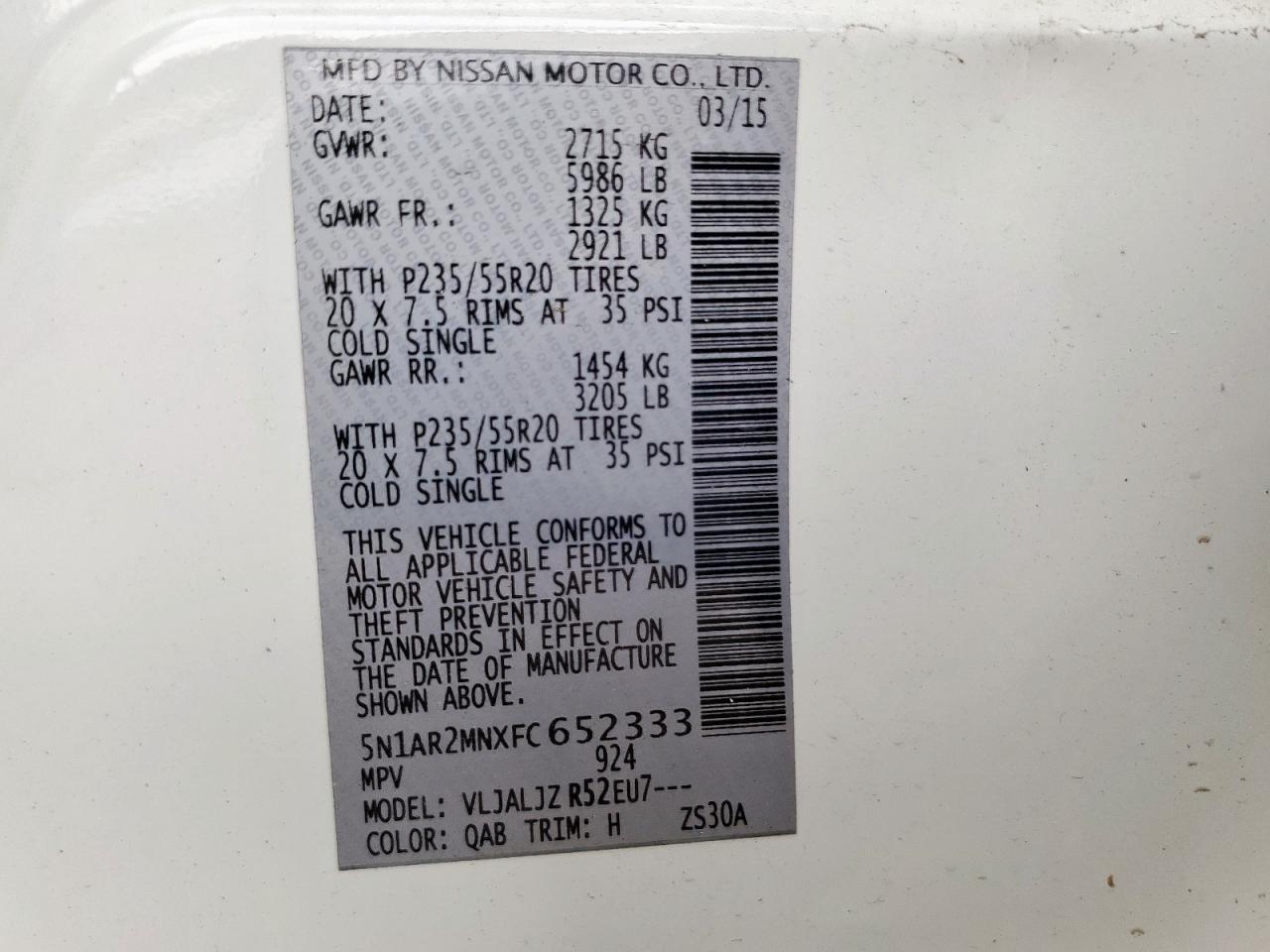 2015 Nissan Pathfinder S VIN: 5N1AR2MNXFC652333 Lot: 69670195