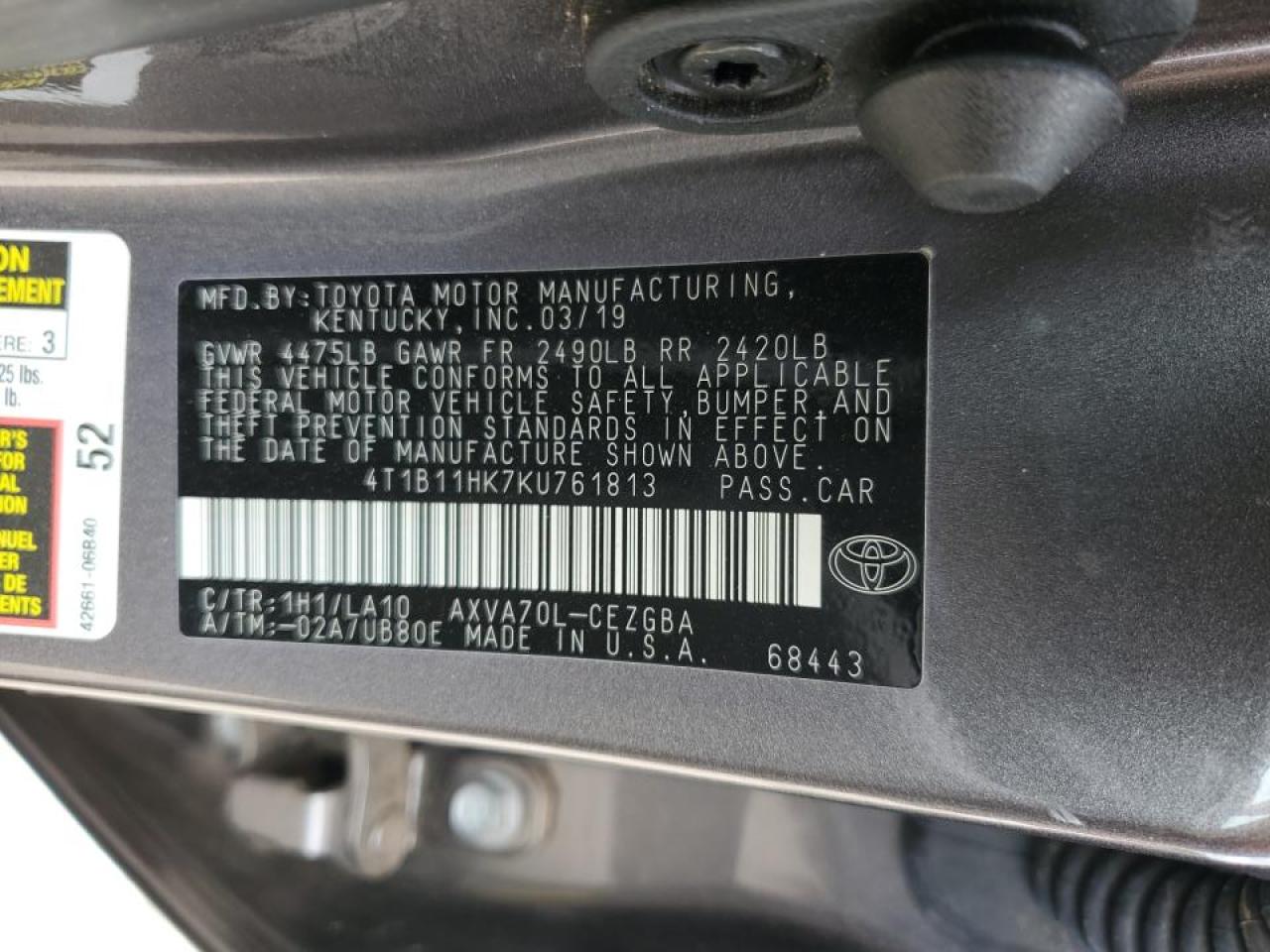 2019 Toyota Camry L VIN: 4T1B11HK7KU761813 Lot: 67917355