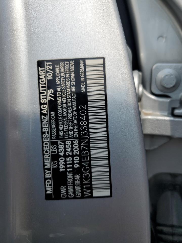 2022 Mercedes-Benz A 220 VIN: W1K3G4EB7NJ338402 Lot: 69349645