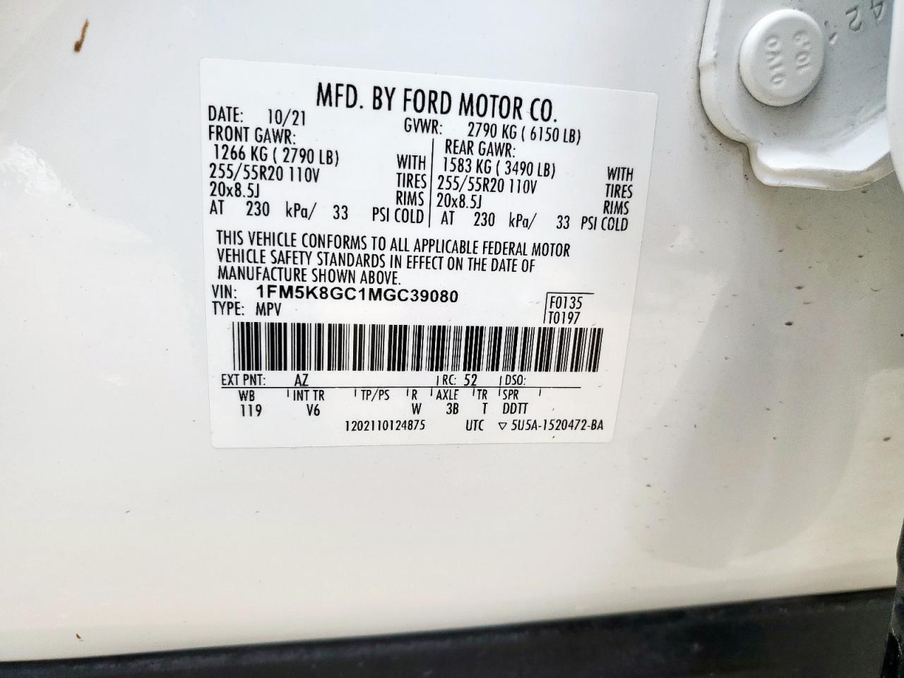 2021 Ford Explorer St VIN: 1FM5K8GC1MGC39080 Lot: 70379925