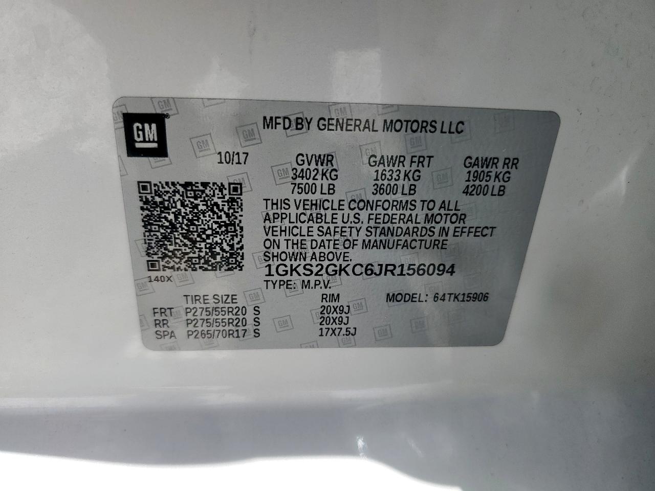 2018 GMC Yukon Xl K1500 Slt VIN: 1GKS2GKC6JR156094 Lot: 67075515