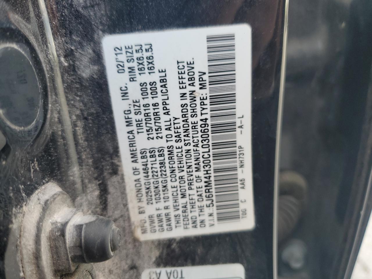 2012 Honda Cr-V Lx VIN: 5J6RM4H30CL030694 Lot: 68118815