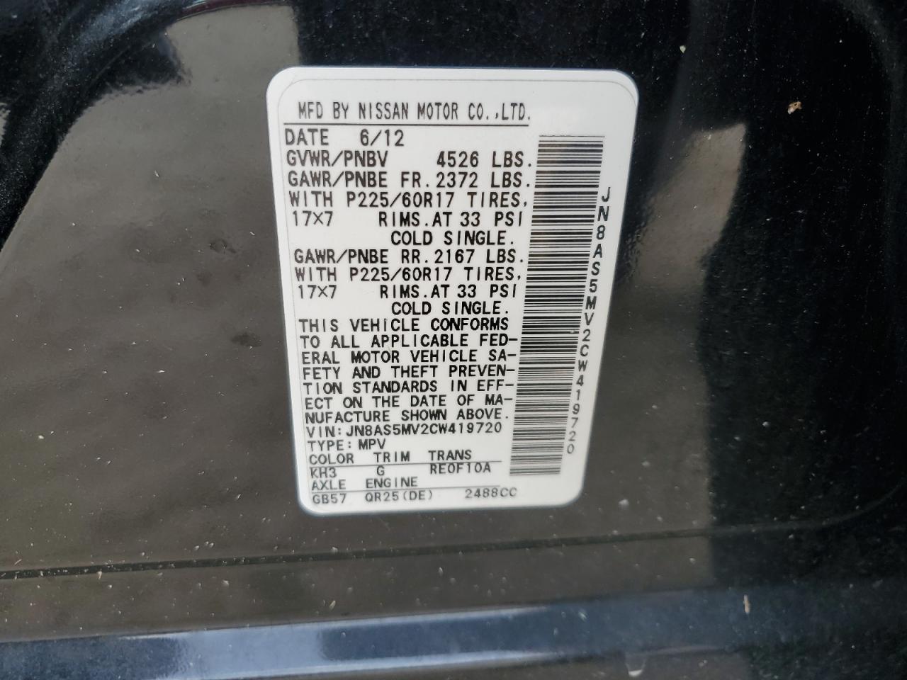 2012 Nissan Rogue S VIN: JN8AS5MV2CW419720 Lot: 70321395